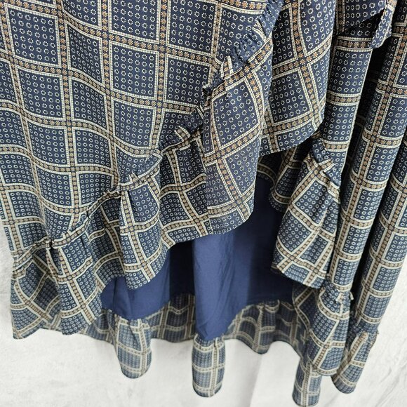 dRA Los Angeles Cicero Wrap Dress S Blue Brown Ruffled Lined Long Sleeve Retro - Picture 7 of 15